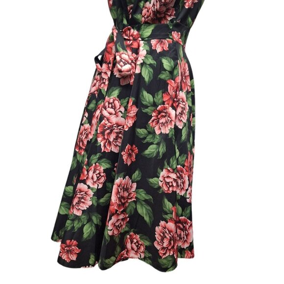 Papillon Rose Dress Womens Large Midi Tie Belt Waist Zip Back Pink Green Floral - Picture 13 of 15